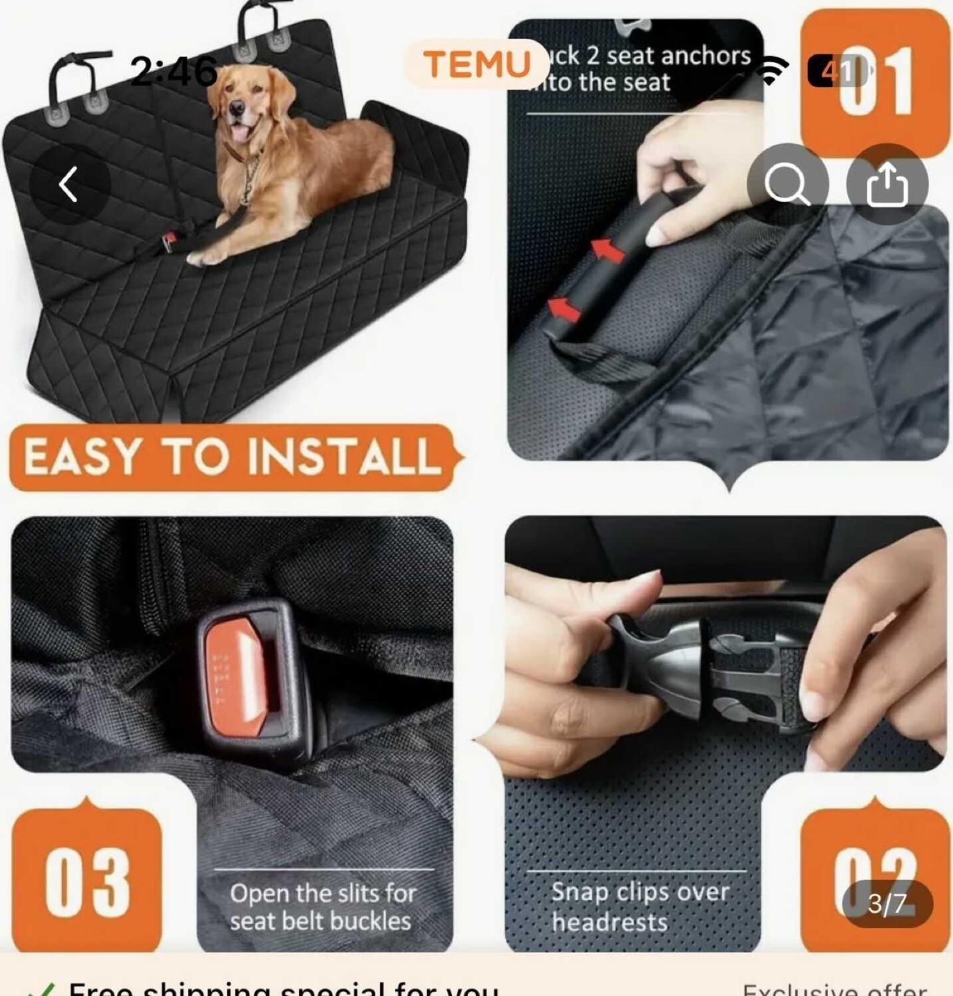 Black Quilted Backseat Pet Car Seat Cover