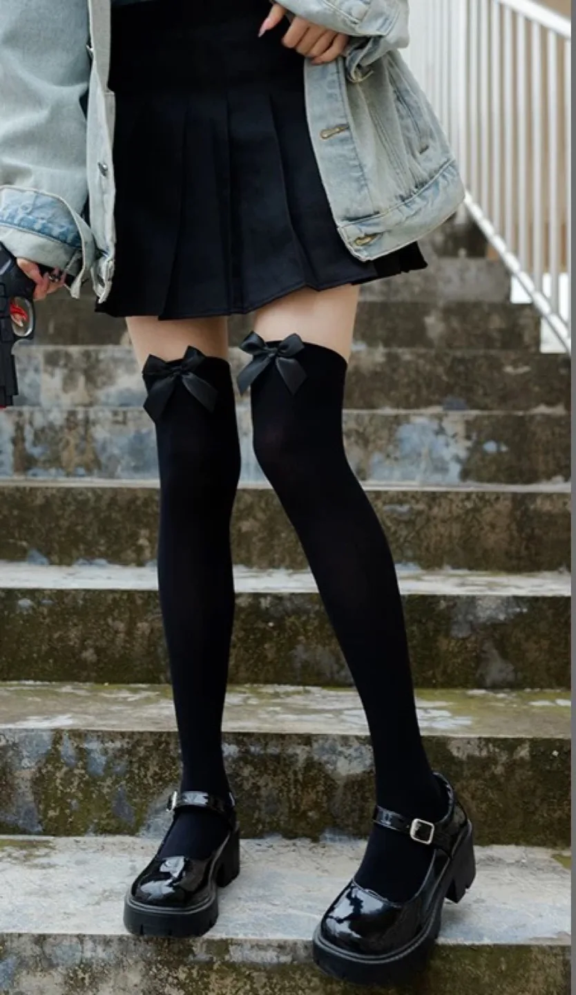 Black Thigh High Socks with Bows thumbnail