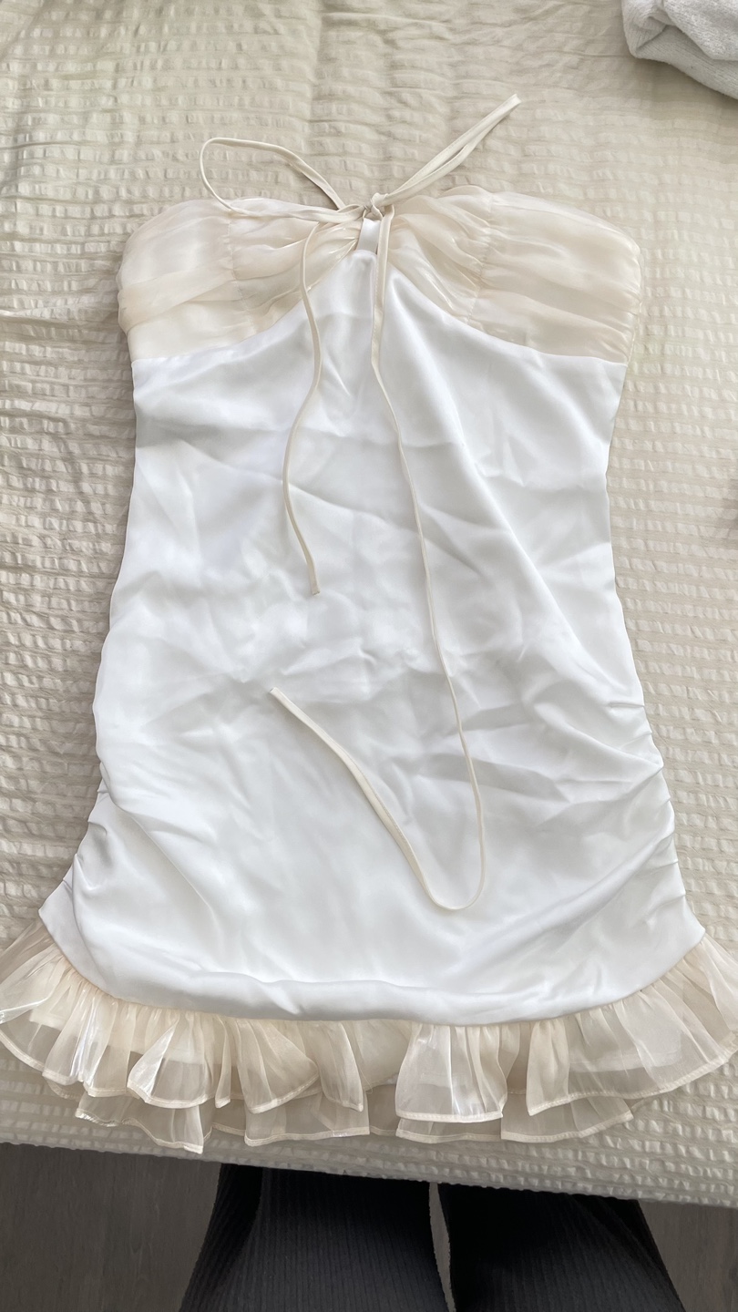 White Satin Mini Dress with Ruffles - photo 3
