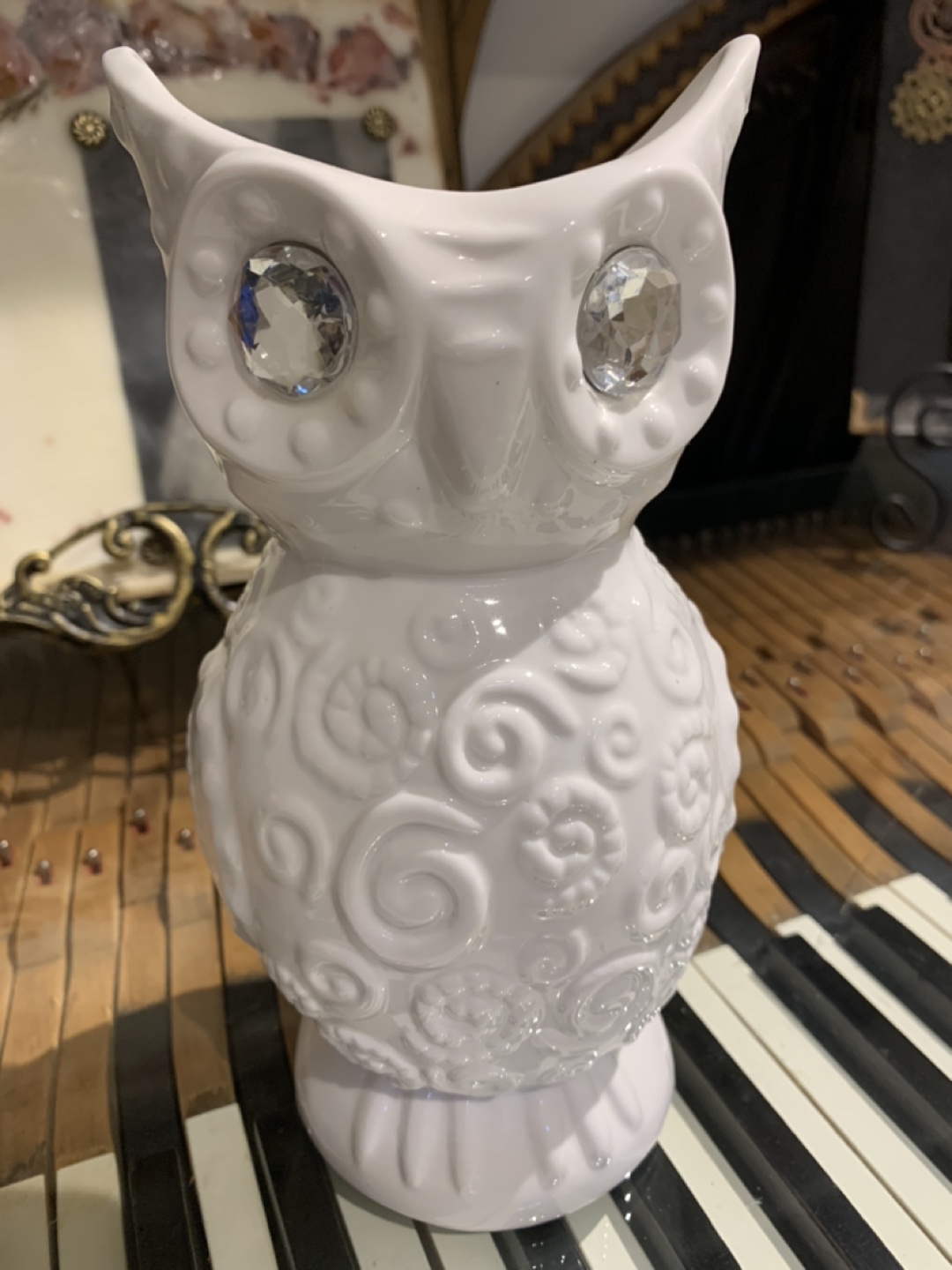 White Owl Ceramic Vase with Crystal Eyes