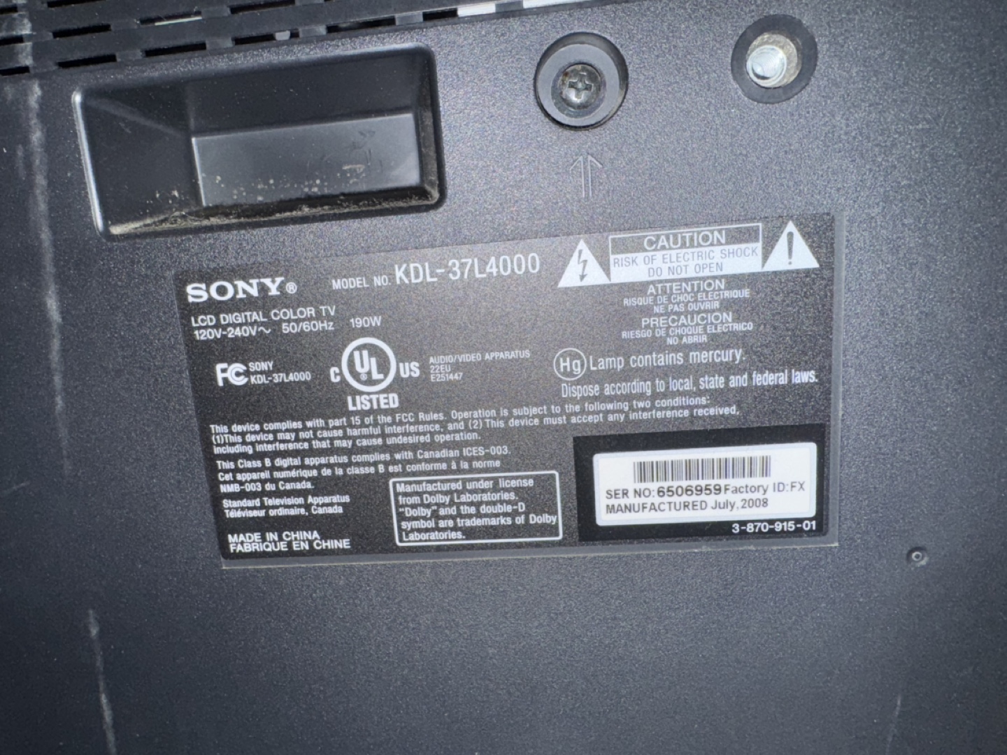 Sony Bravia KDL-37L4000 LCD TV and stand - photo 5
