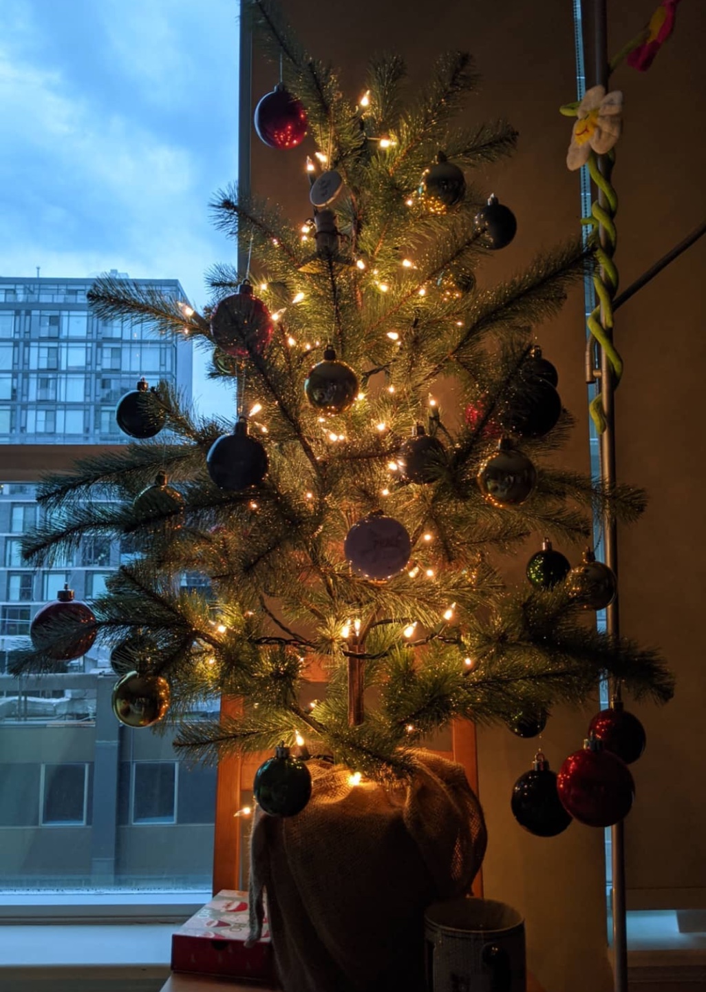 Small Artificial Christmas Tree with Ornaments and Lights