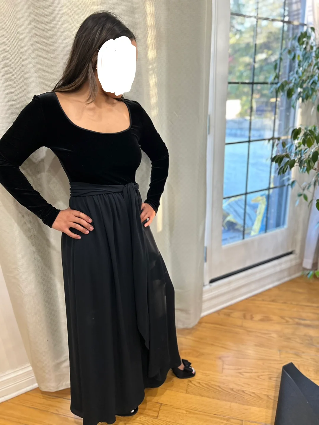 Black Velvet Long Sleeve Maxi Dress with Chiffon skirt thumbnail