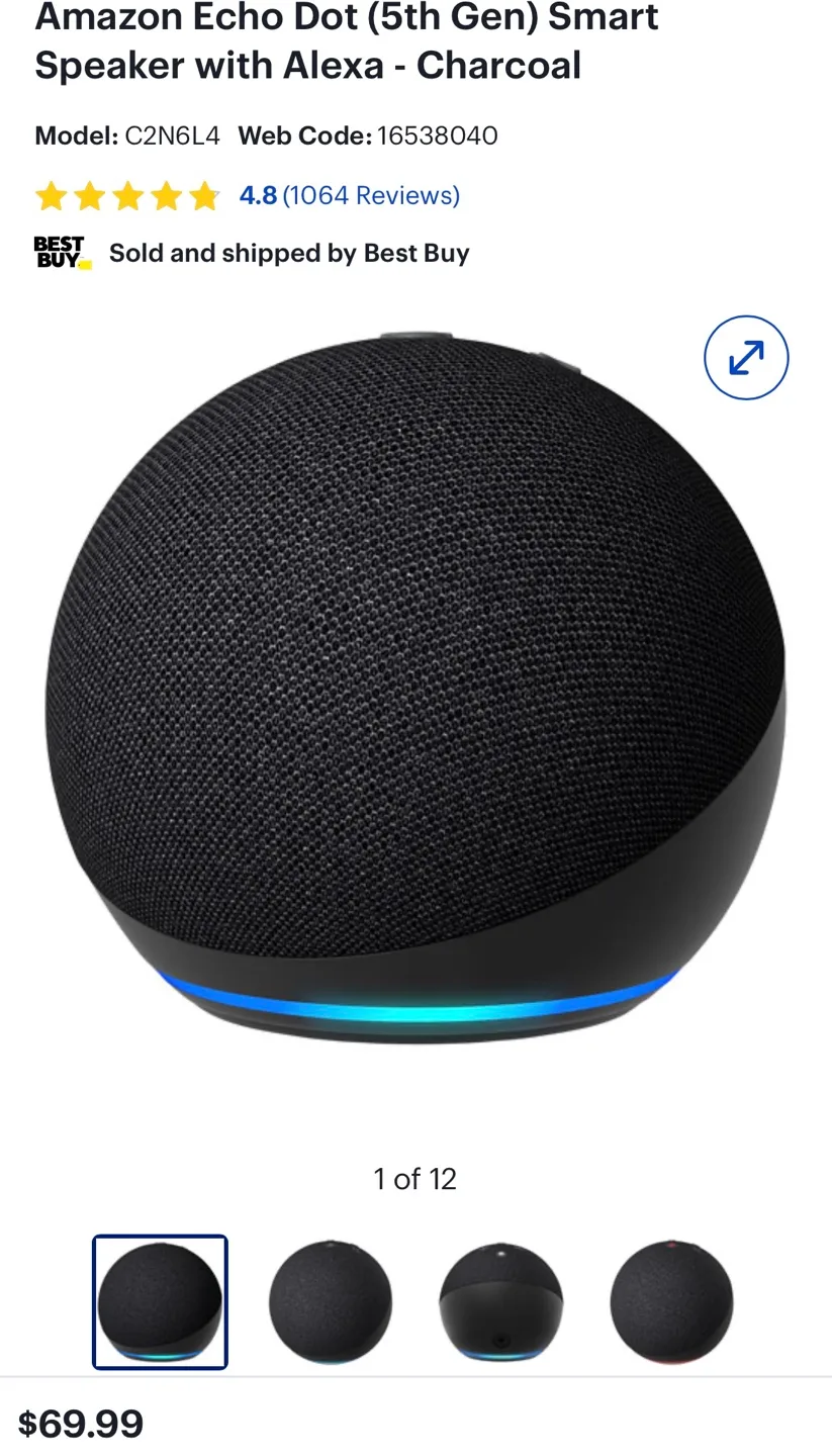 Amazon Echo Dot (5th Gen) Smart Speaker with Alexa - Charcoal thumbnail