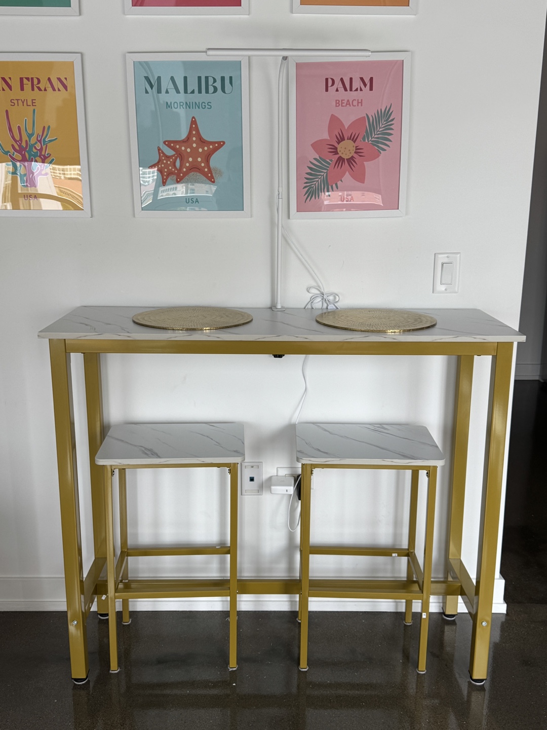 Gold Bar Table with Two Stools