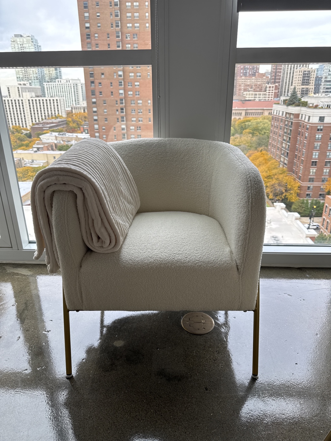 2 White Plush Accent Chairs with Gold Legs