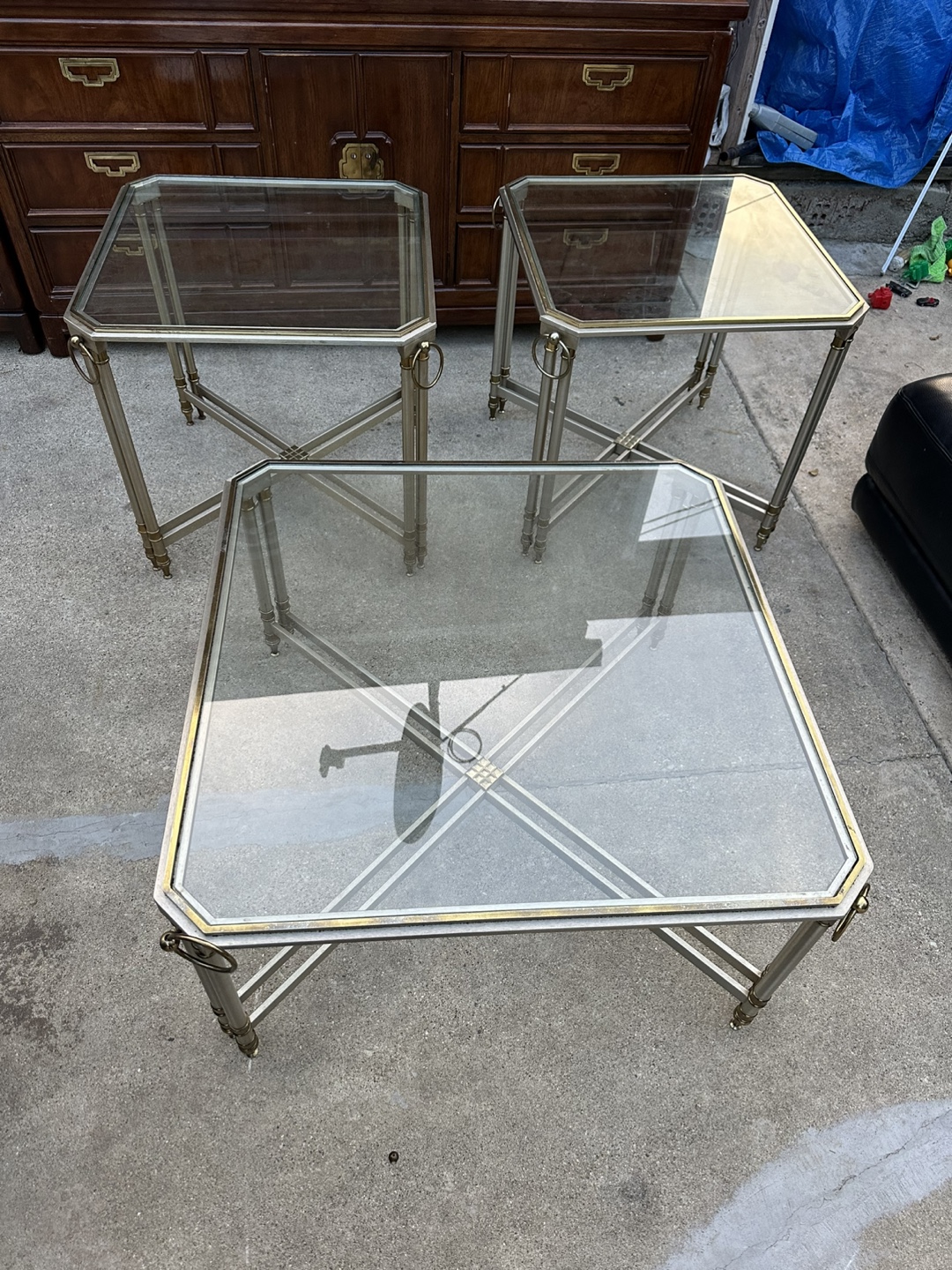 Set of 3 Glass & Brass Coffee and End Tables