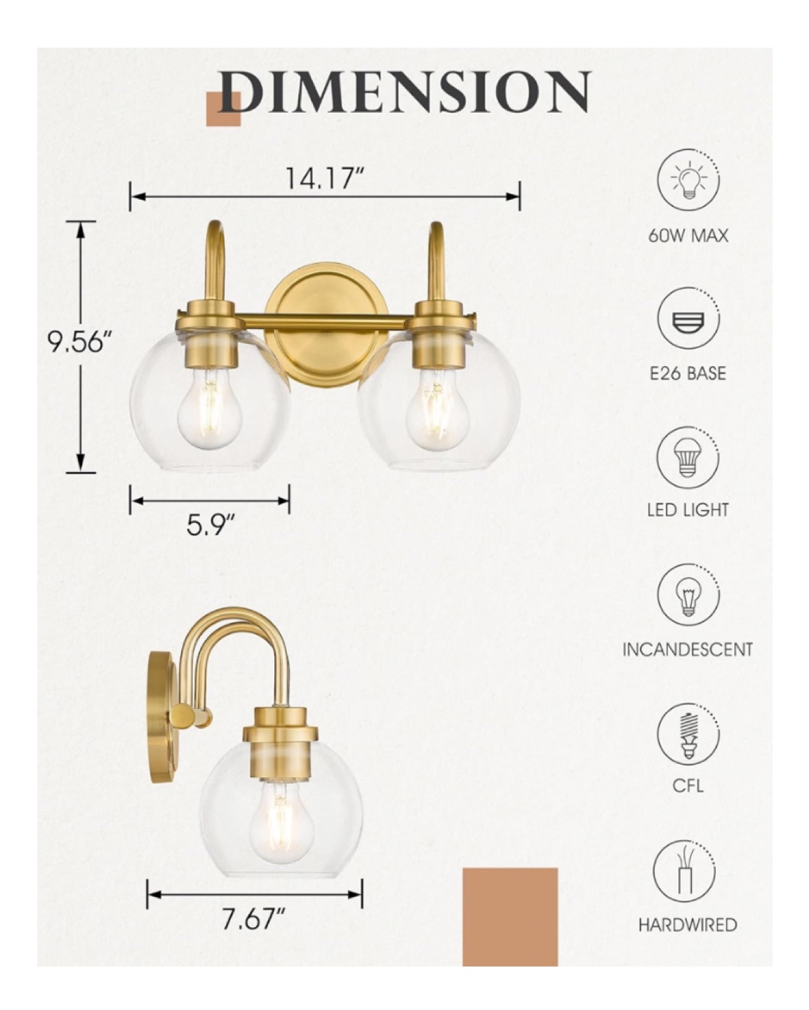 Gold Bathroom Vanity Light Fixture with Clear Glass Globes - photo 4