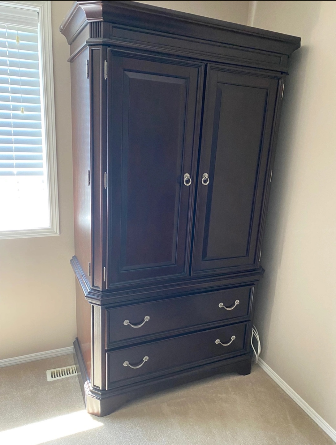Dark Wood Armoire with Doors and Drawers