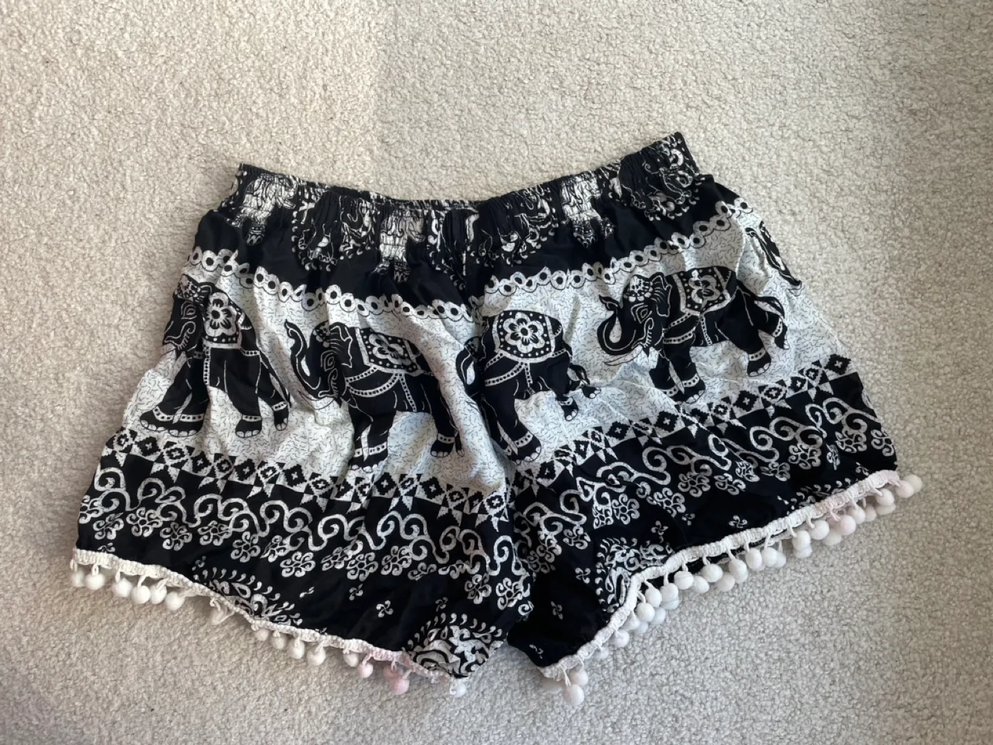 Black and White Elephant Print Shorts with Pom Poms image indicator(2)