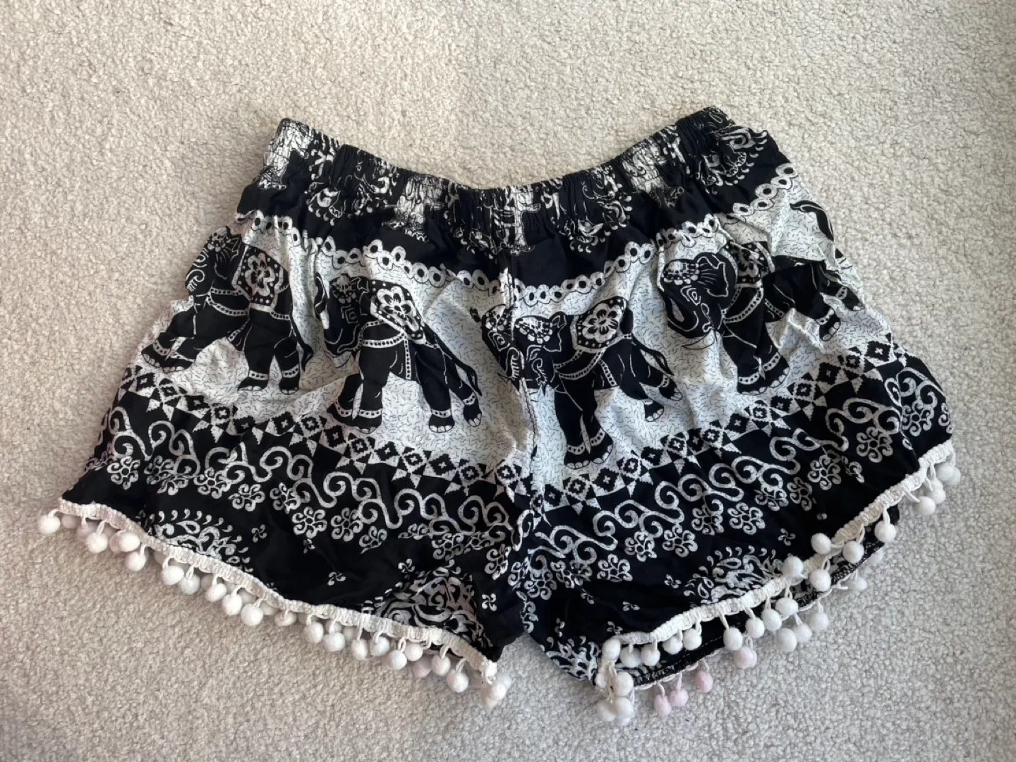 Black and White Elephant Print Shorts with Pom Poms thumbnail