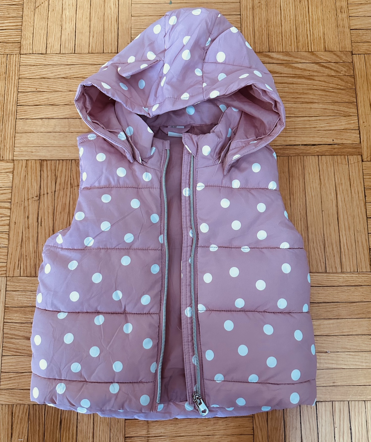 H&M Pink Polka Dot Puffer Vest with Hood (Size 18-24 Months)