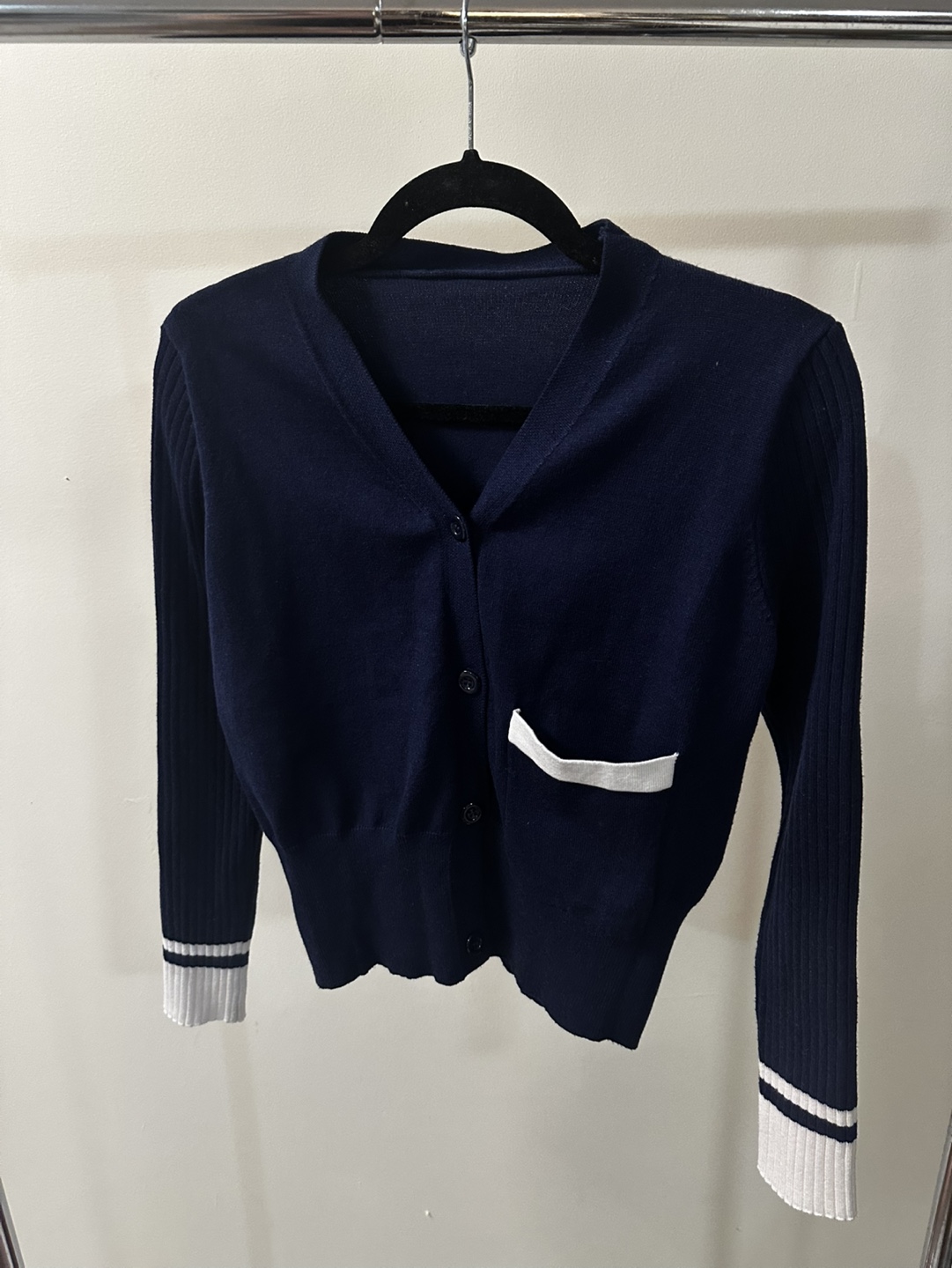 Navy Blue Cardigan with White Accents