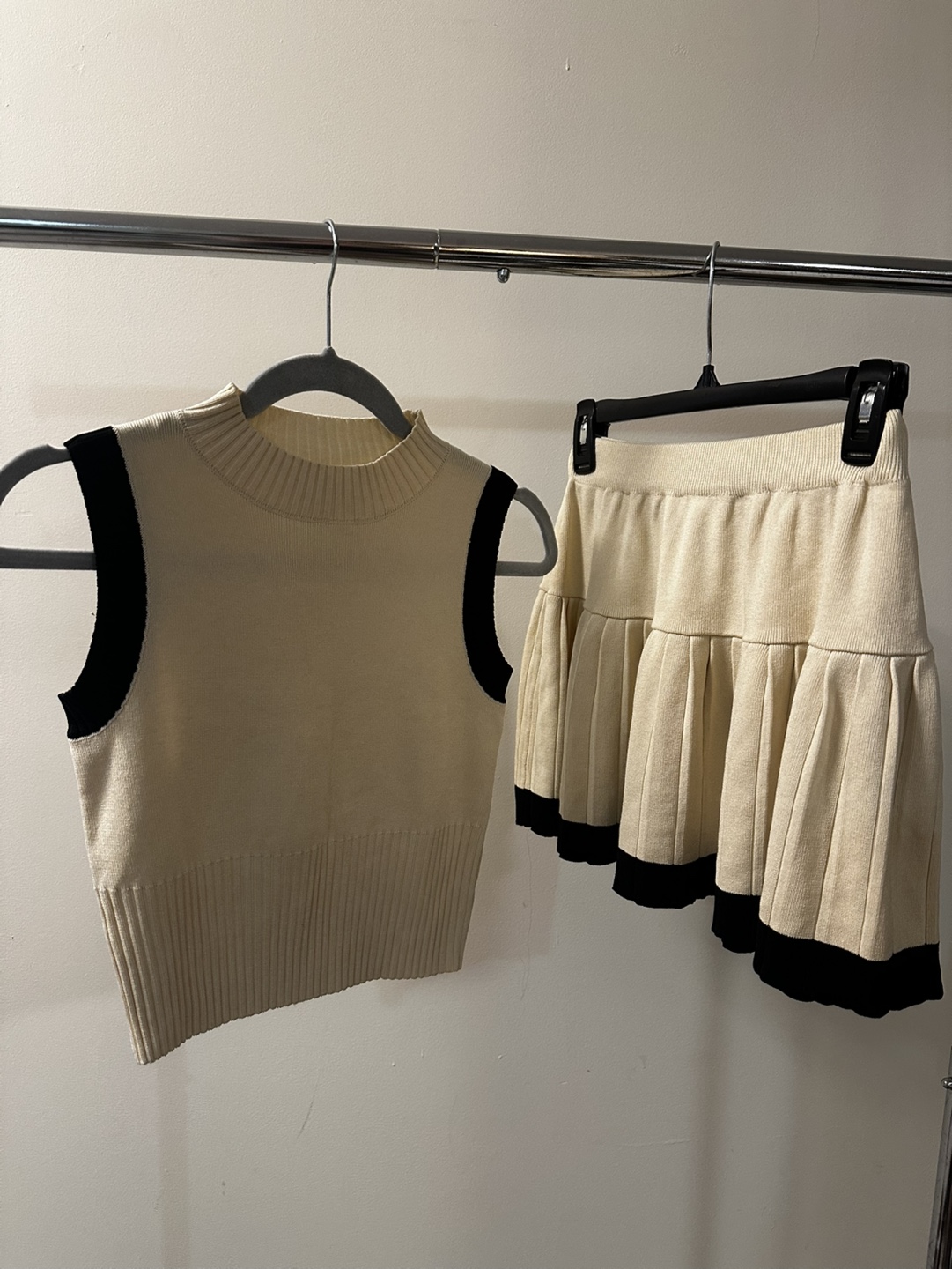 Cream and Black Knit Sweater and Skirt Set
