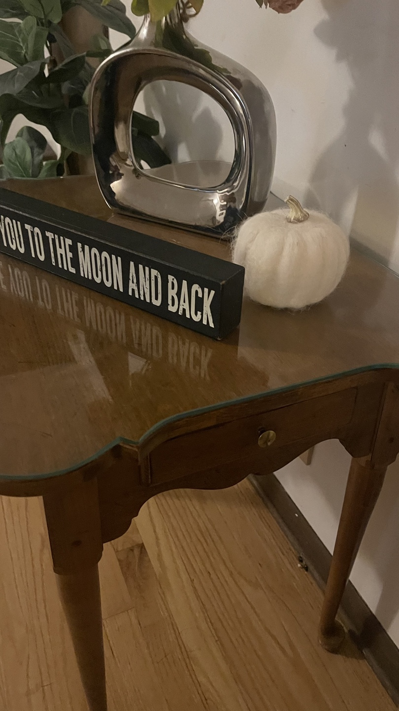 Vintage Wood End Table with Glass Top drawer check more photos - photo 4