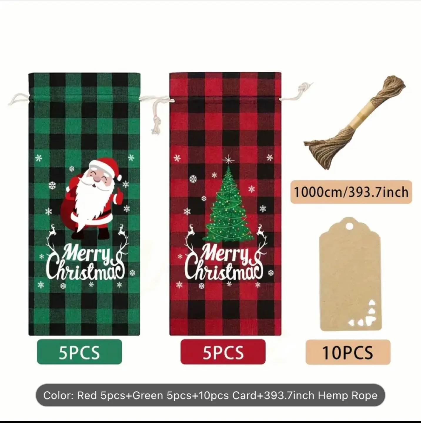 Christmas Wine Bottle Gift Bags, Set of 10, Red and Green Plaid image indicator(2)