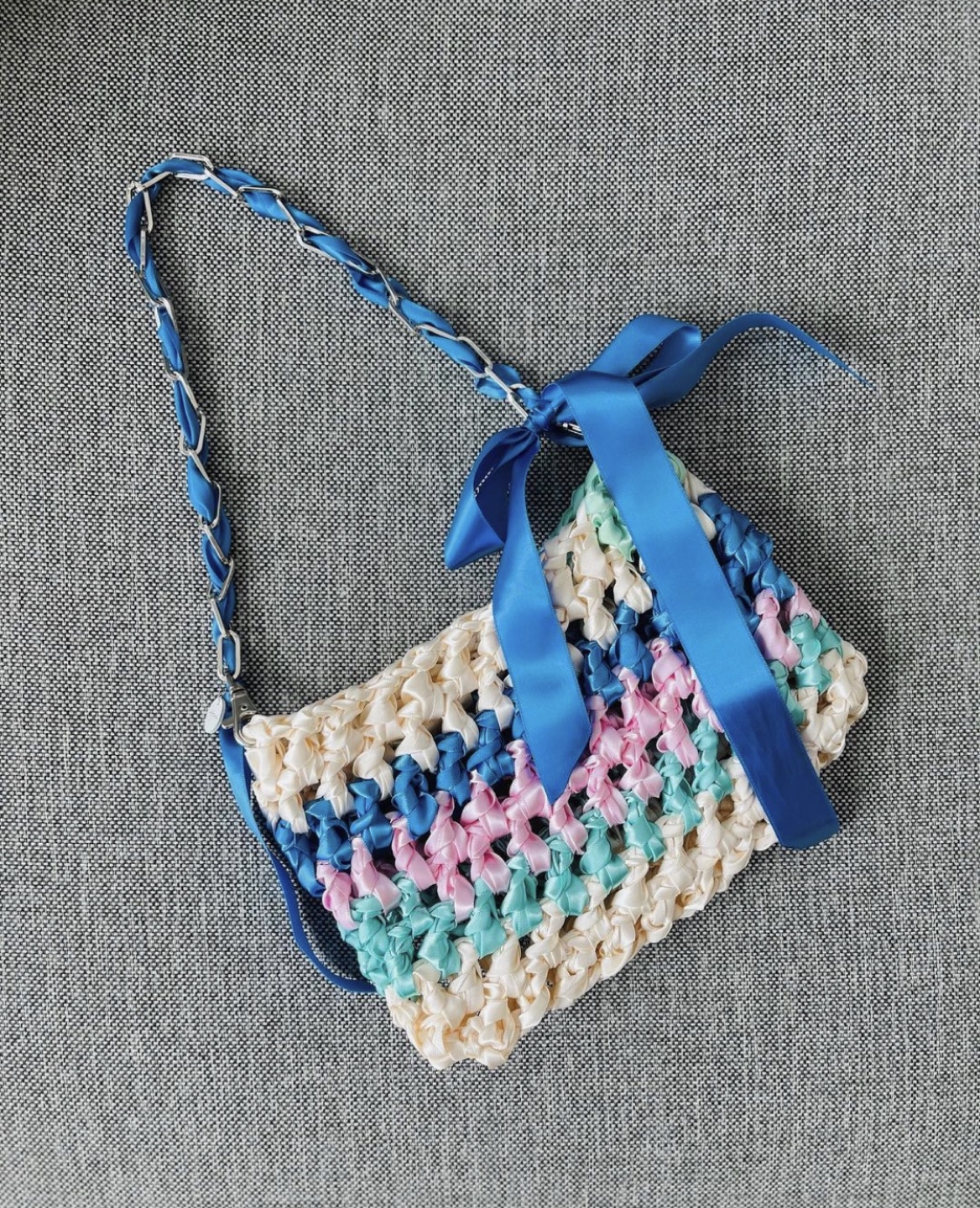 Handmade crochet multi color satin ribbon bag