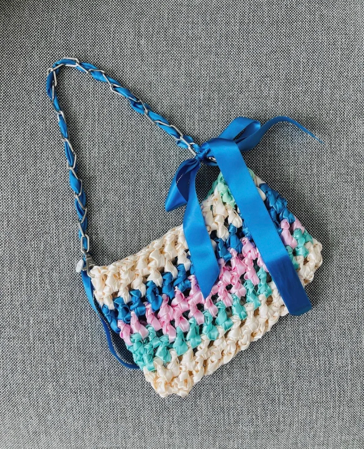Handmade crochet multi color satin ribbon bag thumbnail