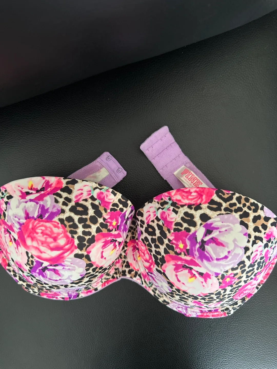 PINK Strapless Bra Floral Leopard Print thumbnail