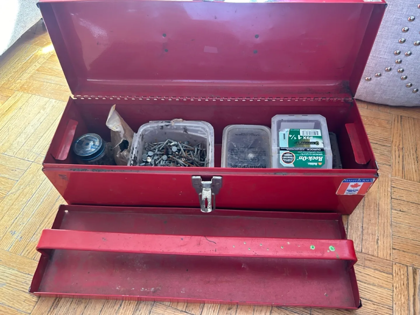 Vintage Red Metal Tool Box thumbnail