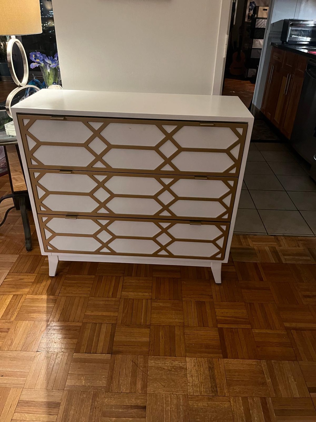 White 3-Drawer Dresser with Gold Accents