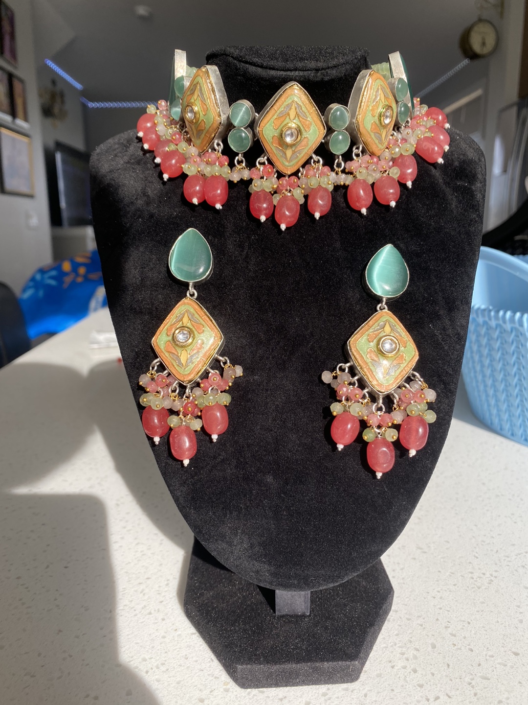 Green and Pink Beaded Choker Necklace and Earrings Set