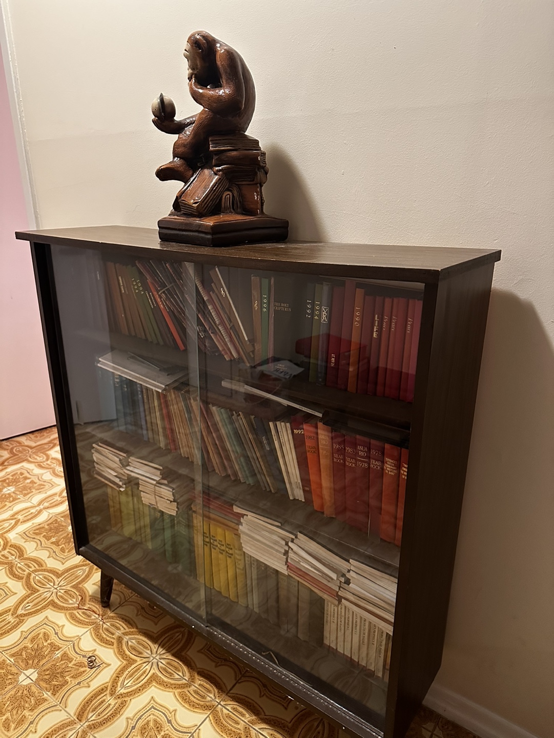 Vintage Wooden Bookcase with Glass Doors