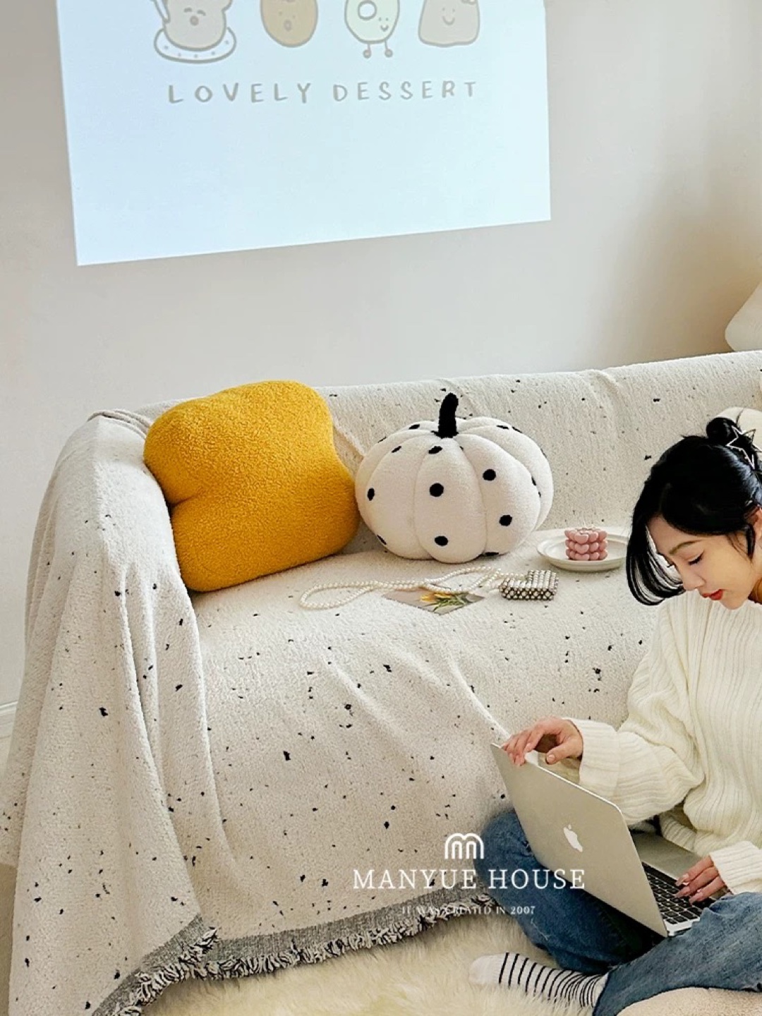Sofa cover, White Throw Blanket with Black Dots