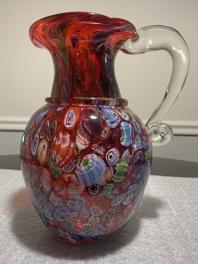 Red and Multicolored Glass Pitcher