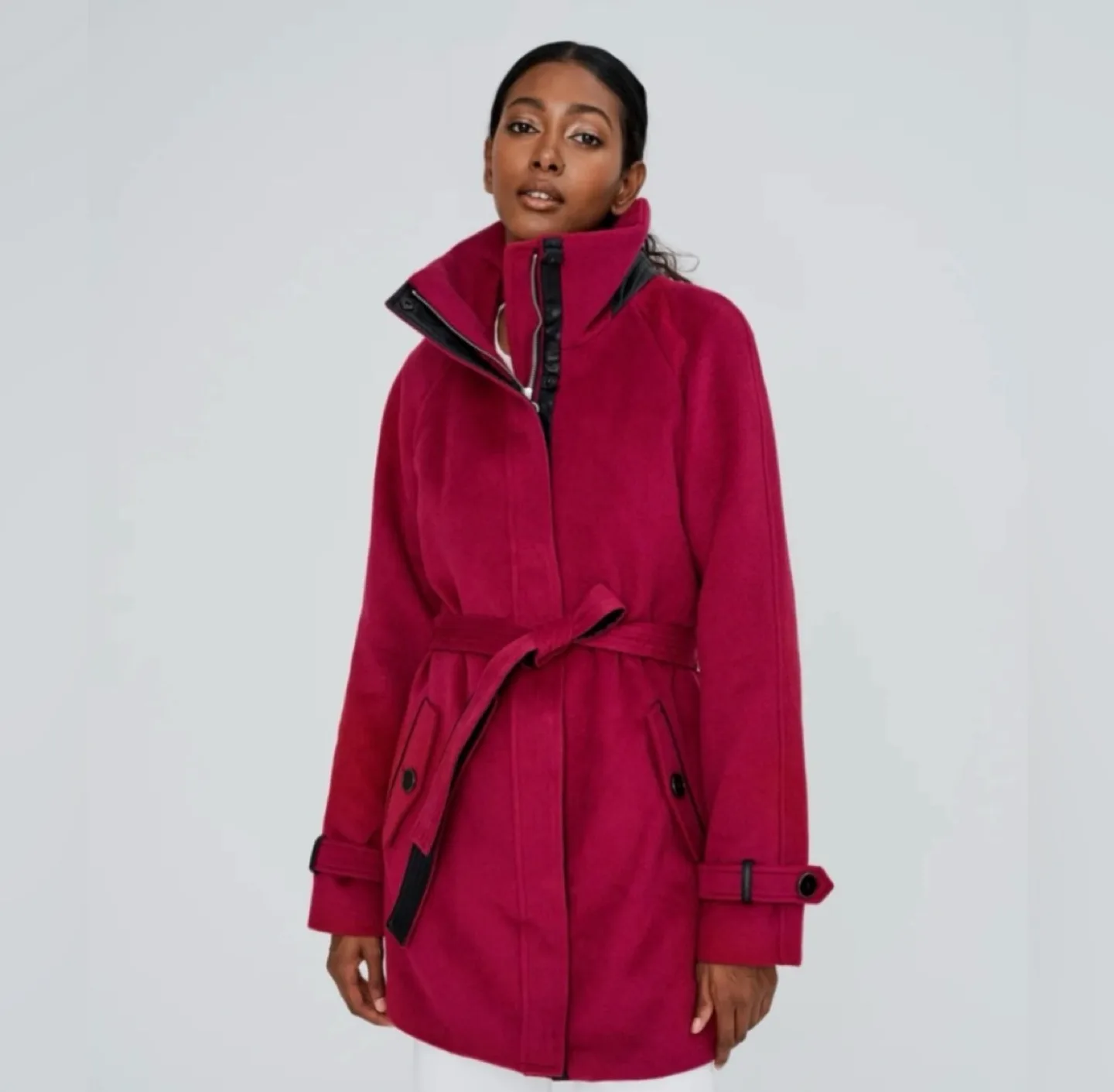 Raspberry Wool Coat with Black Leather Trim thumbnail