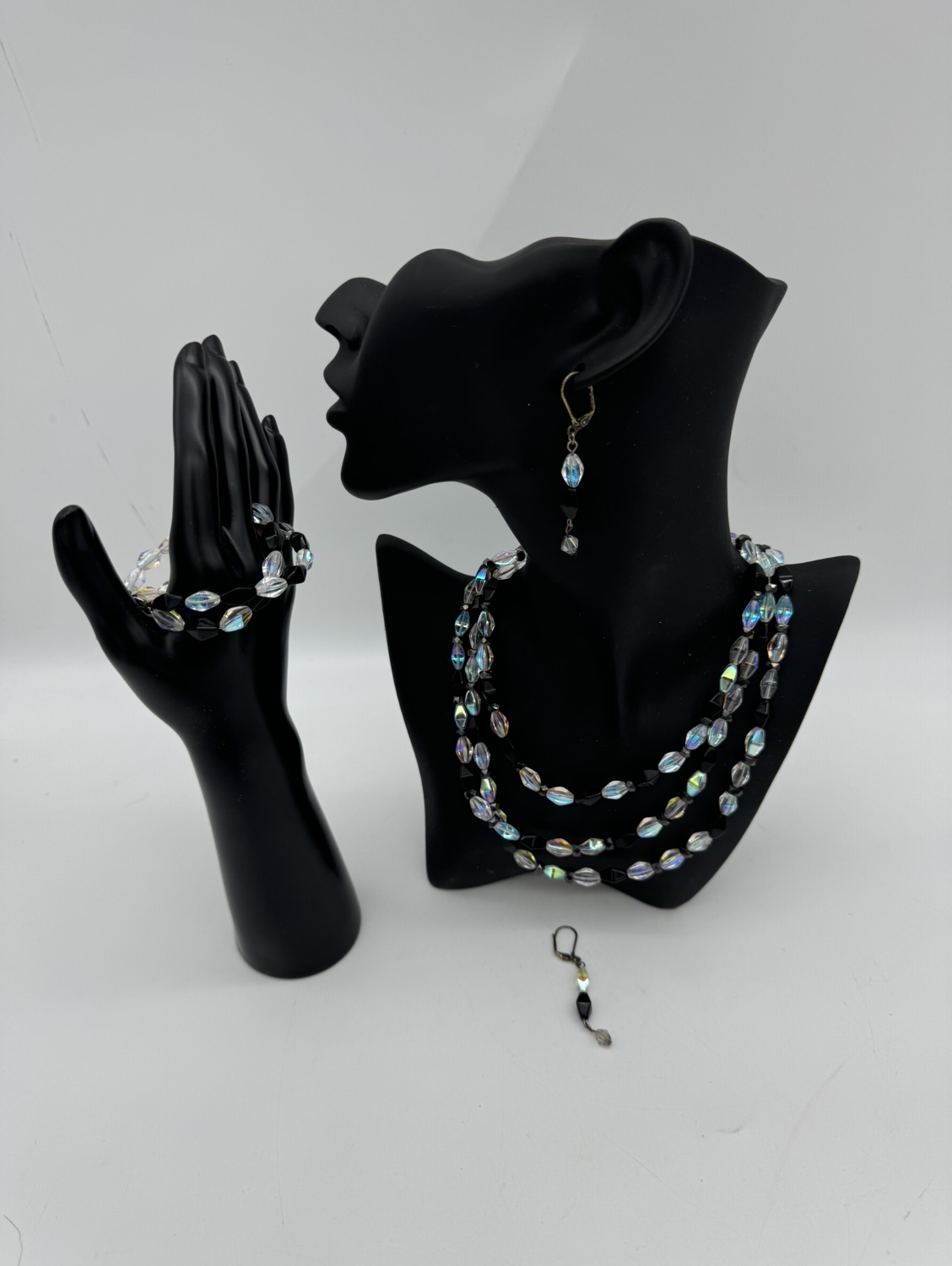 Black and Crystal Beaded Necklace, Bracelet, and Earrings Set