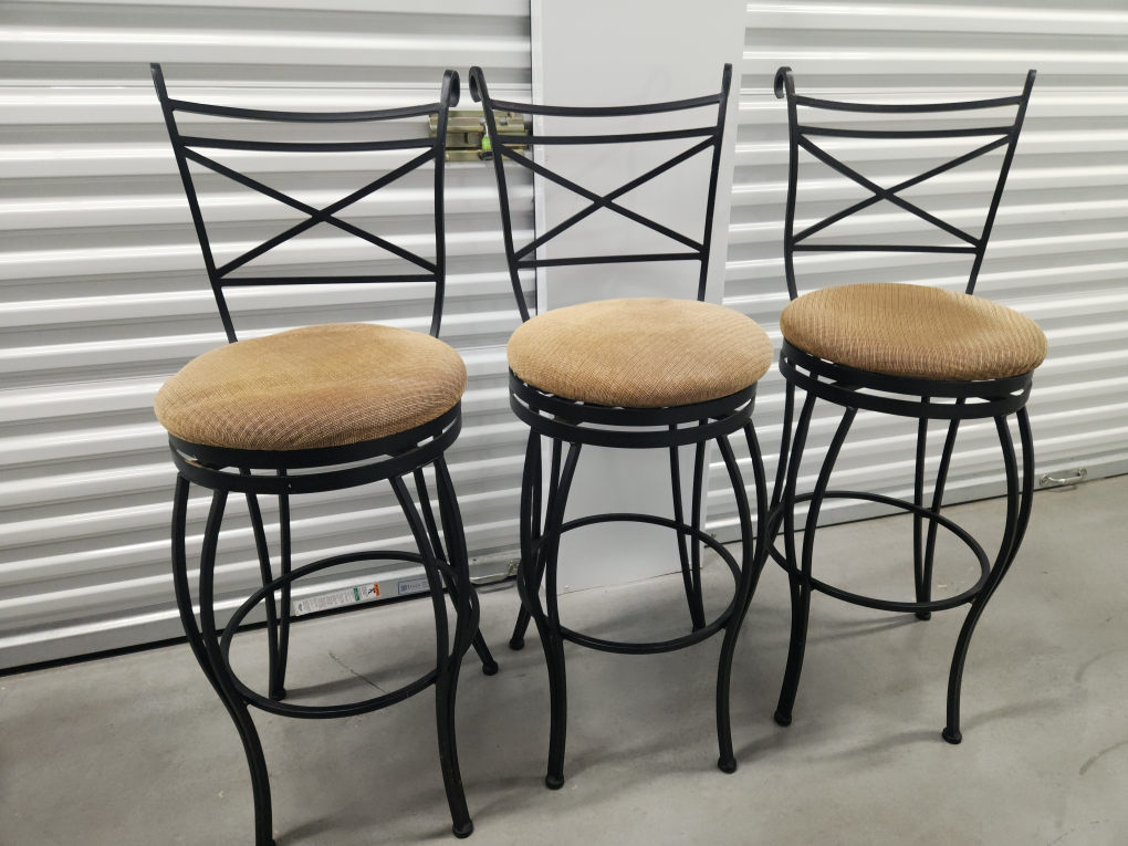Set of 3 Black Metal Bar Stools with Tan Upholstery