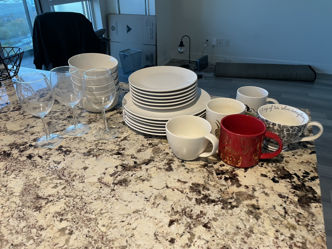 Set of Plates, Bowls, Mugs and Wine Glasses