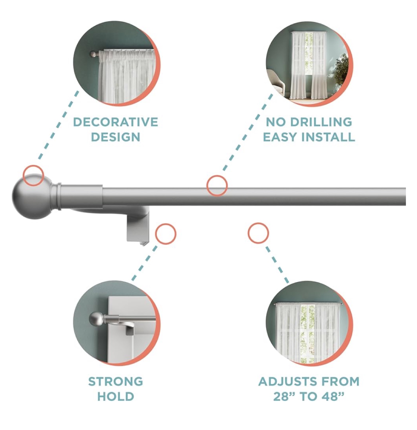 Window Curtain Rod, Adjustable 28" to 48" - photo 2