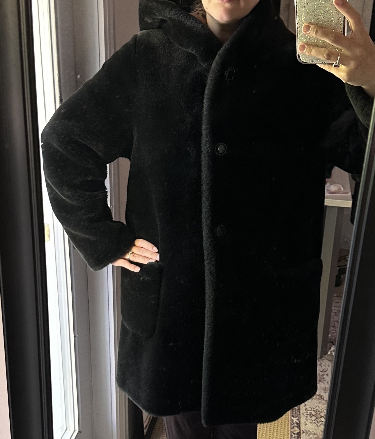 Black Faux Fur Coat with Leopard Print Hood