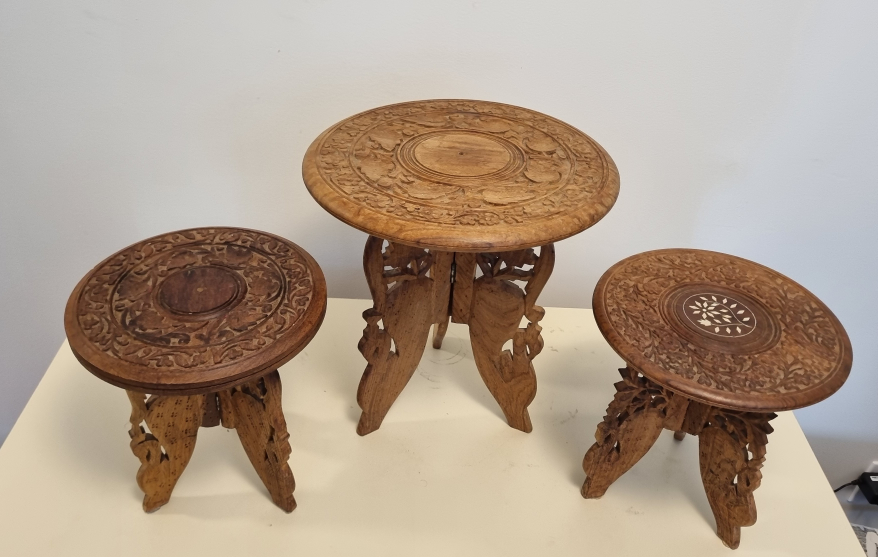 Set of 3 Antique Vintage Carved Wooden Folding Stools