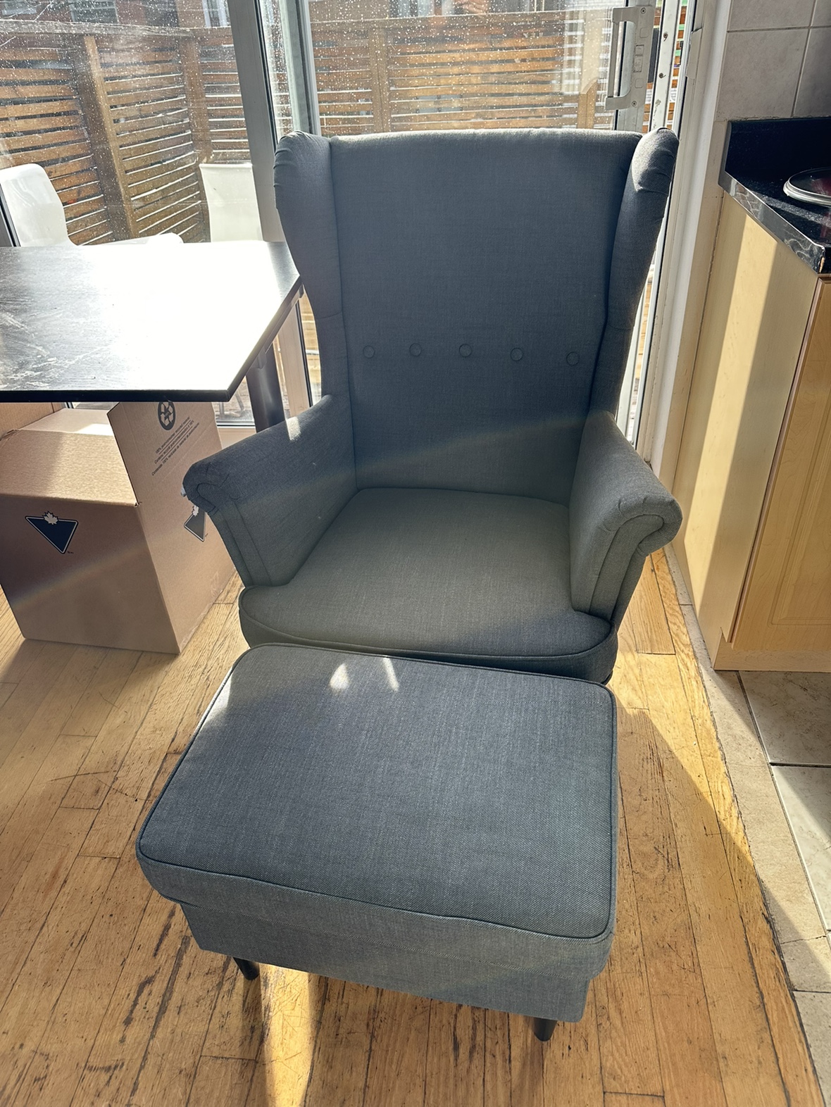 Ikea Brand New Arm Chair and Footstool - Nordvalla dark grey