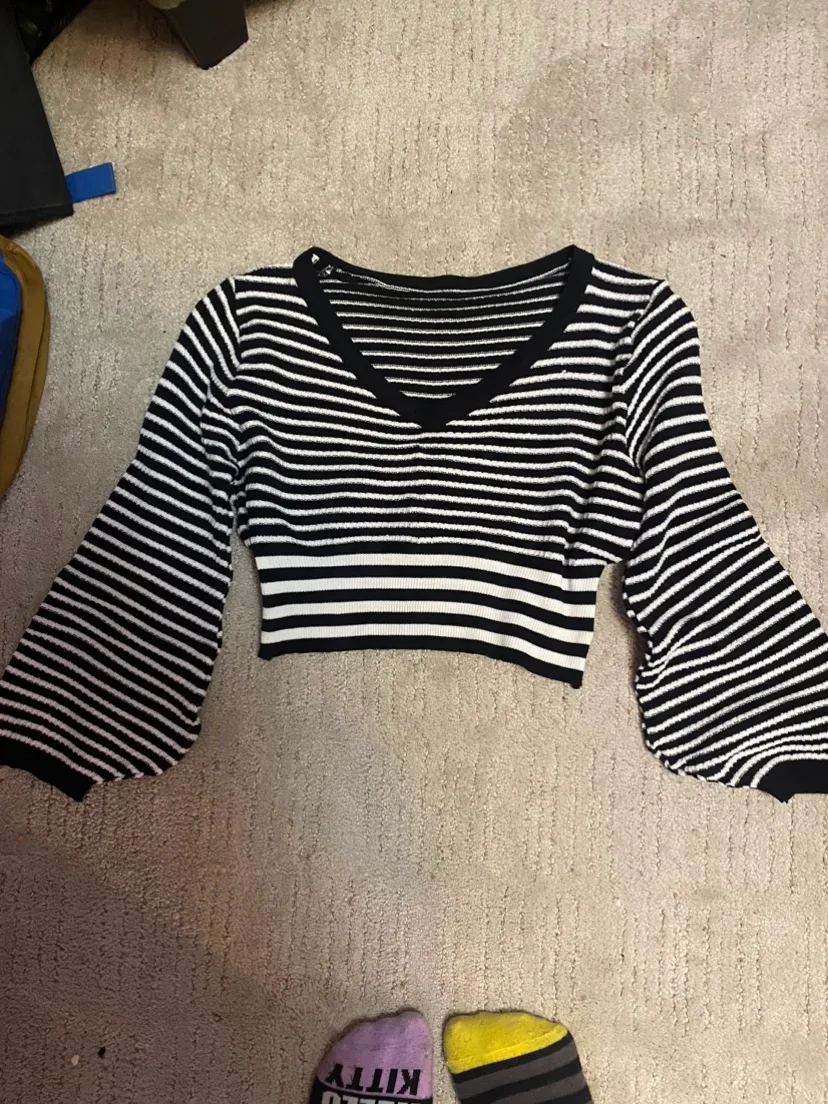 Striped Crop Sweater with bell sleeves thumbnail