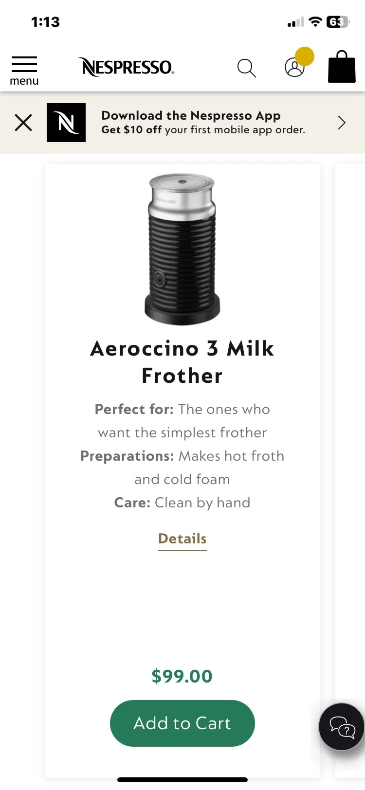 Nespresso Aeroccino 3 Milk Frother thumbnail