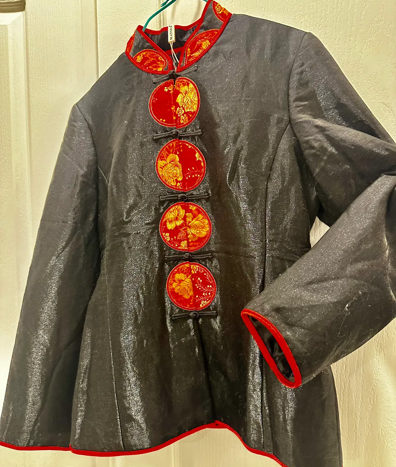 Black Pure Shinny Silk Mandarin Collar Jacket image indicator(3)