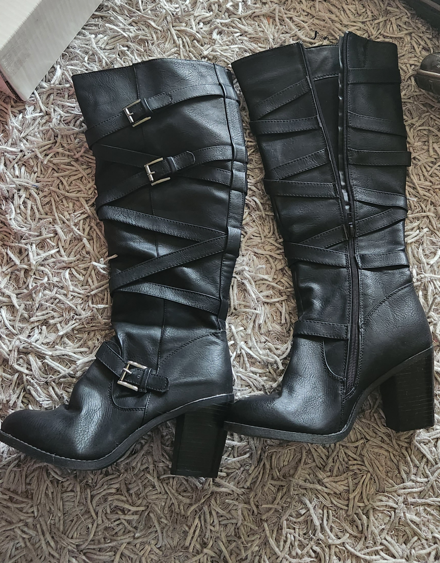 Black Buckle Knee High Boots
