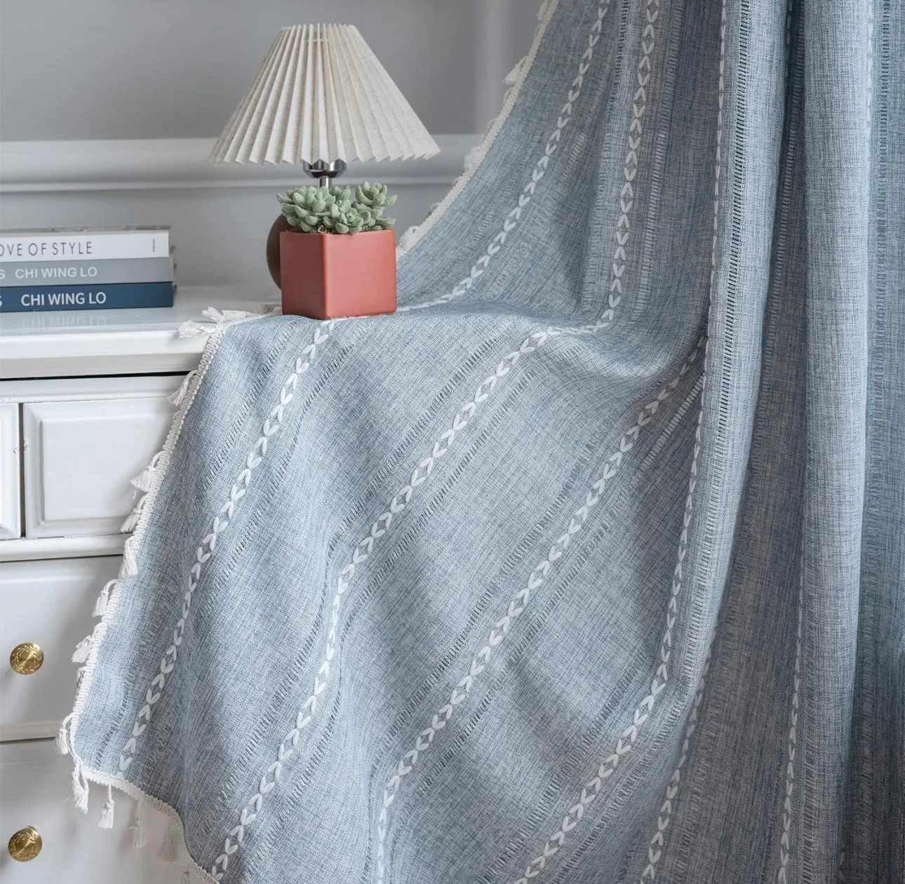 Boho Blue Sheer Curtains with Tassels thumbnail