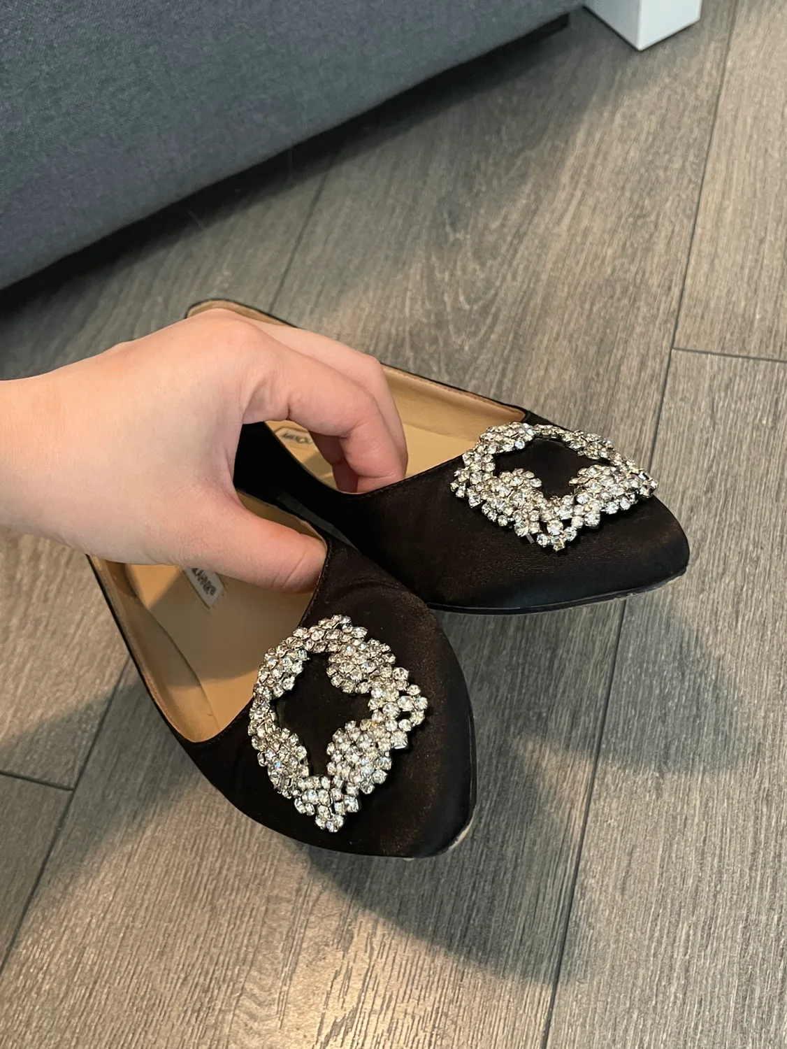 Manolo Blahnik Black Satin Pointed Toe Flats image indicator(2)