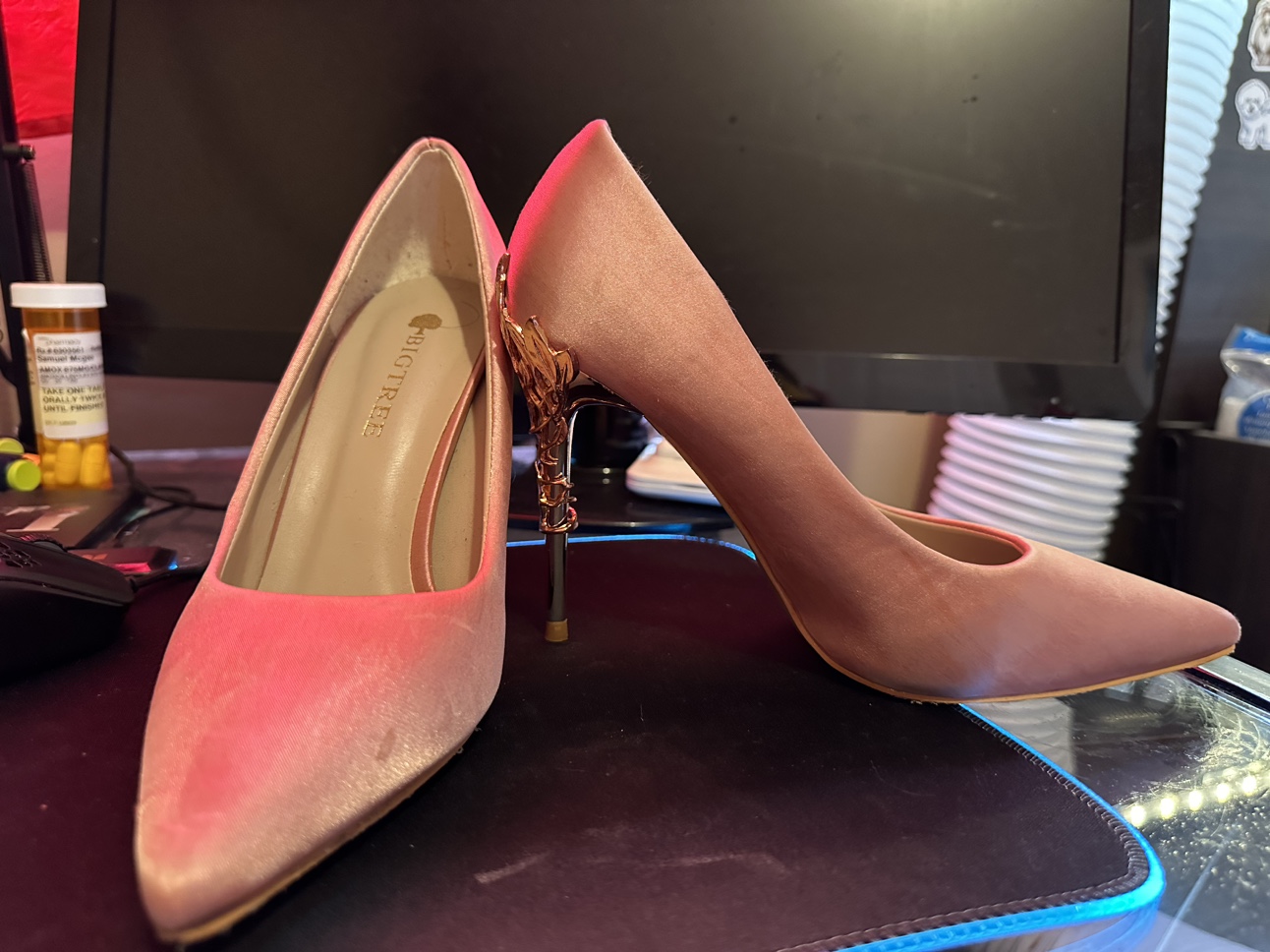 Pink Satin Heels with Gold Accents - photo 2