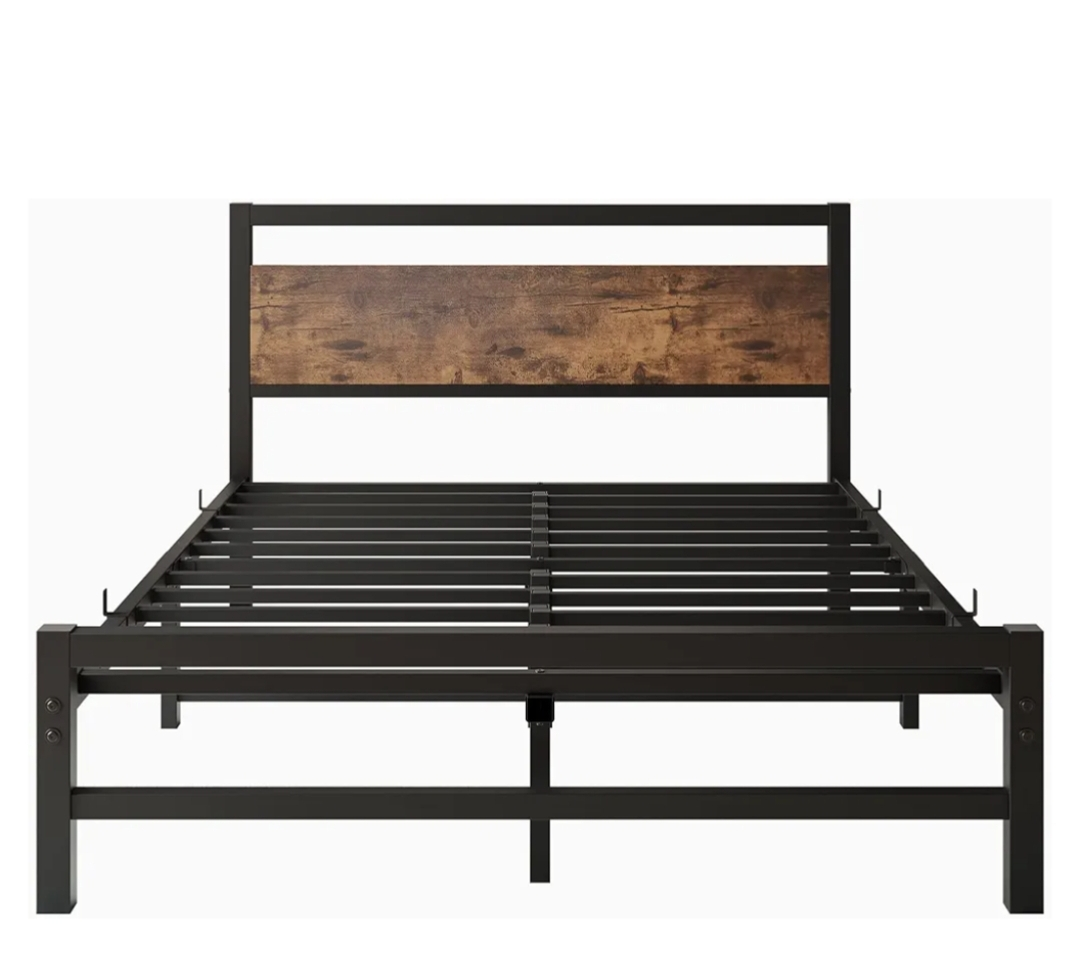 Metal Bed Frame with Wooden Headboard
