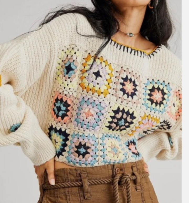 Free People Crochet Patchwork Sweater Pullover