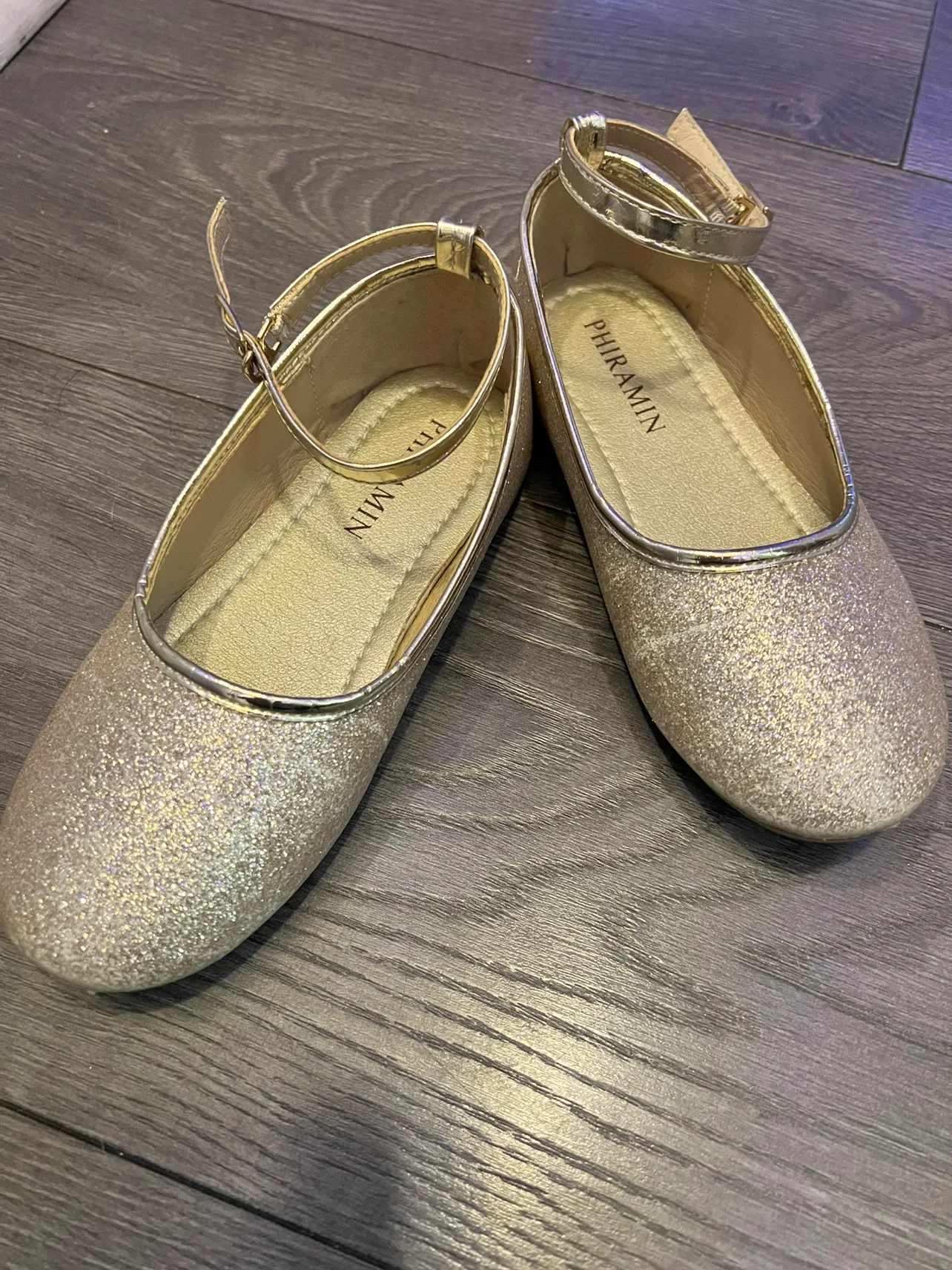 Girls' Gold Glitter Ankle Strap Ballerina Flats image indicator(2)