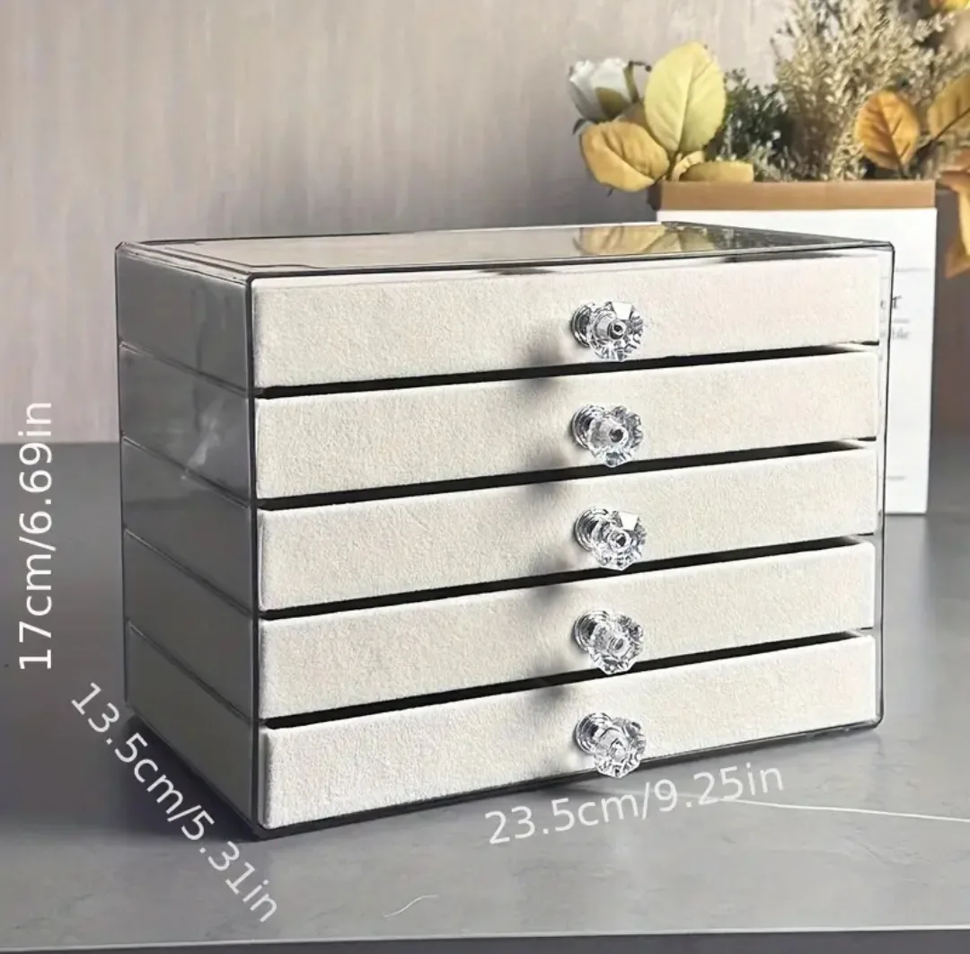 BNIB 5-Tier Jewelry Box with Velvet Lining and Crystal Handles image indicator(8)