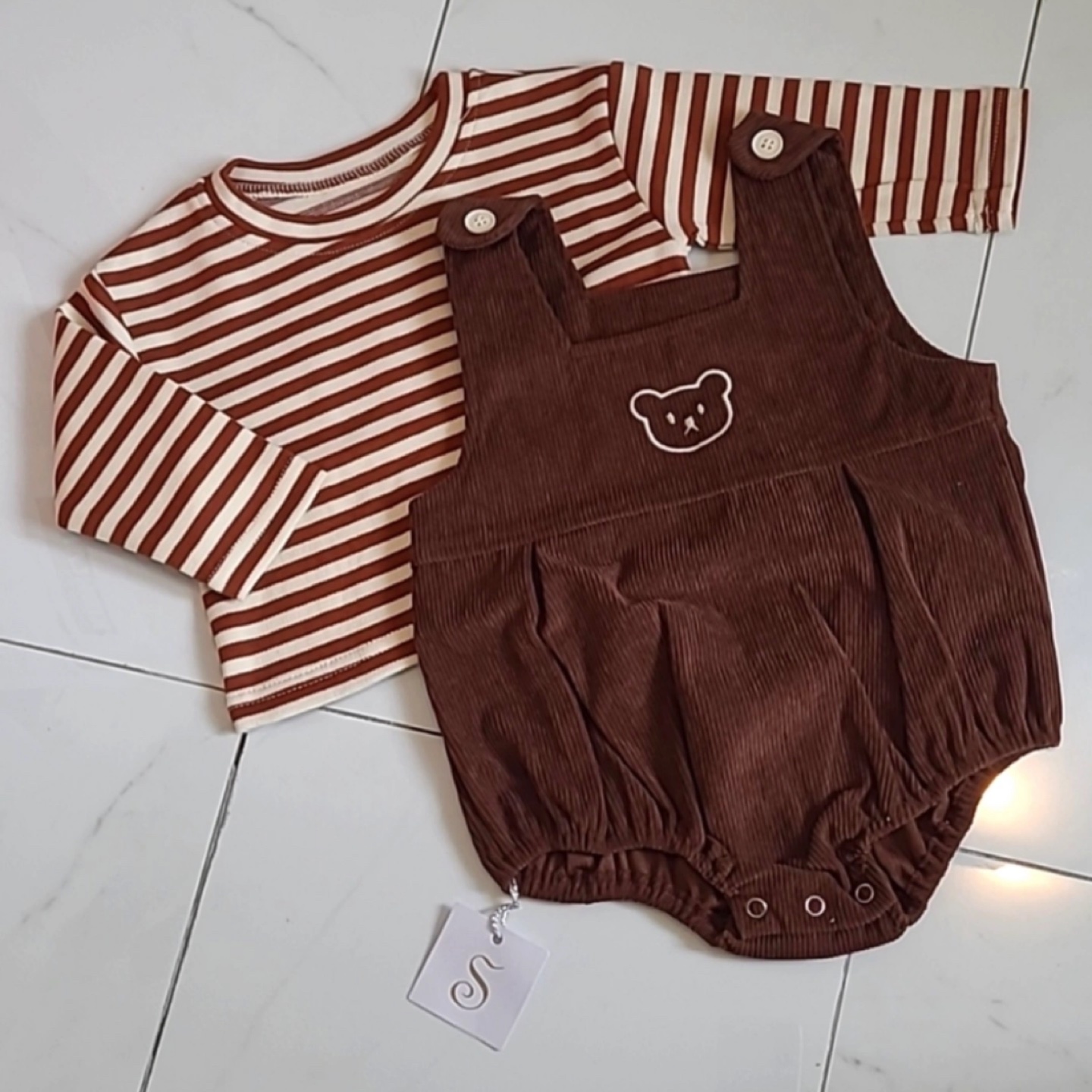 Brown Corduroy Baby Jumpsuit and Striped Shirt