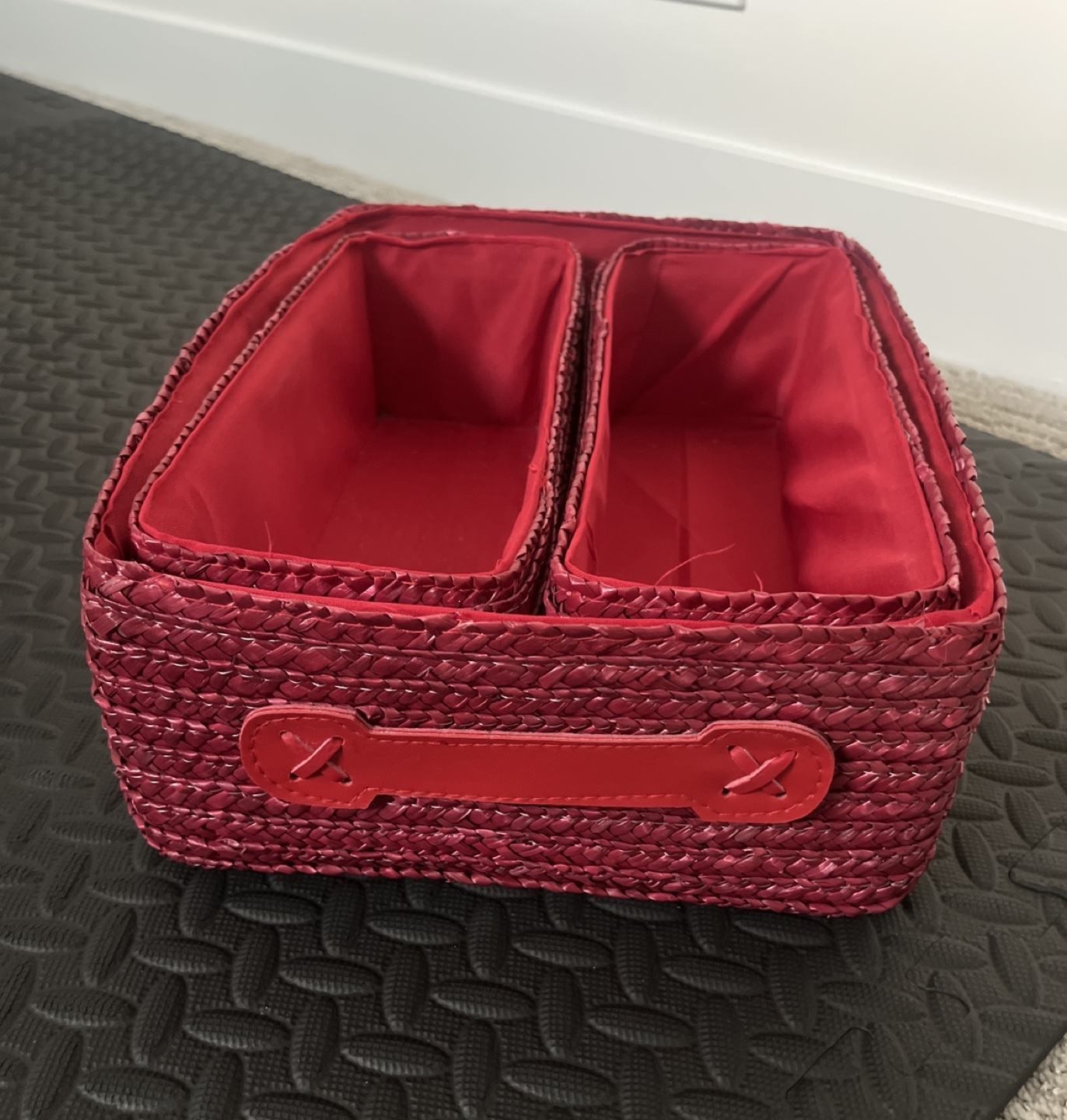 Set of Three Red Wicker Cloth Baskets